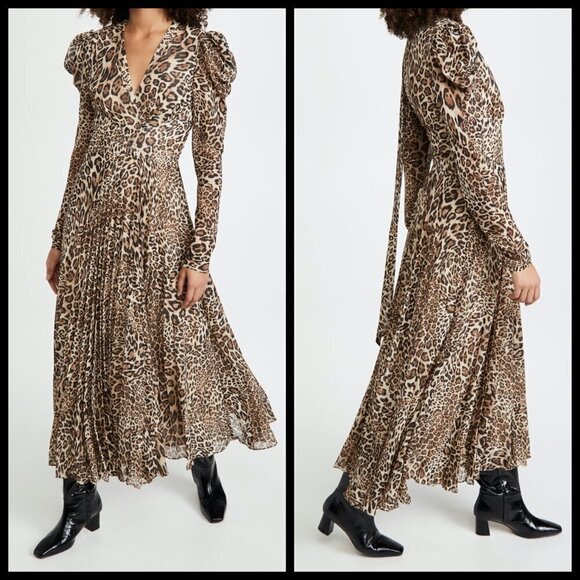 💕RONNY KOBO💕 Bernadette Pleated Leopard-Print Chiffon Midi Dress ~ Small NWT - Picture 8 of 16